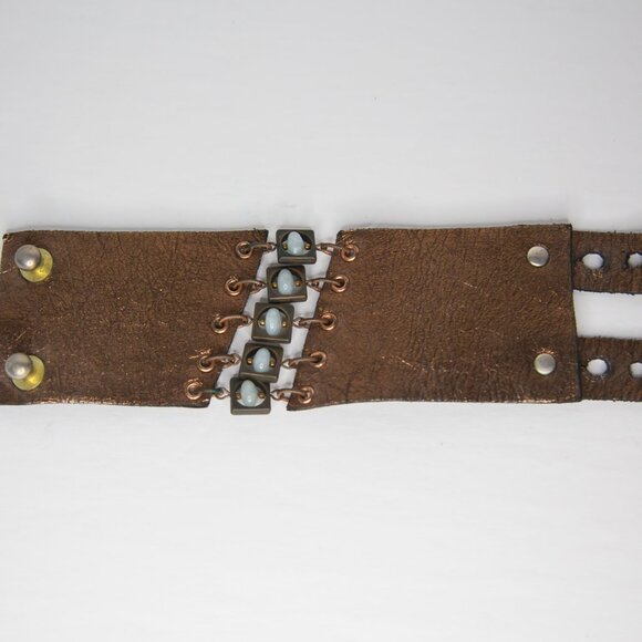 SOLD Bronze Leather Punk Wasteland Steampunk Style Cuff Bracelet Blue Stones - Picture 8 of 10